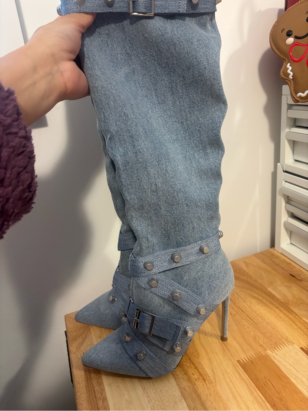 Steve Madden Denim Studded Pointed-Toe Stiletto Boots - Light Blue